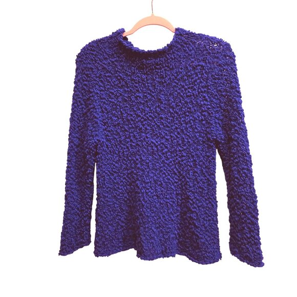 Eileen Fisher Blue Violet Nubby Italian Wool Blend Funnel Mock Neck Sweater L - Picture 2 of 11